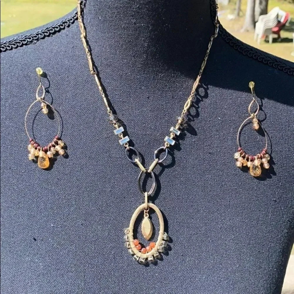 Boho hippie gold tone/brown necklace/ earrings set